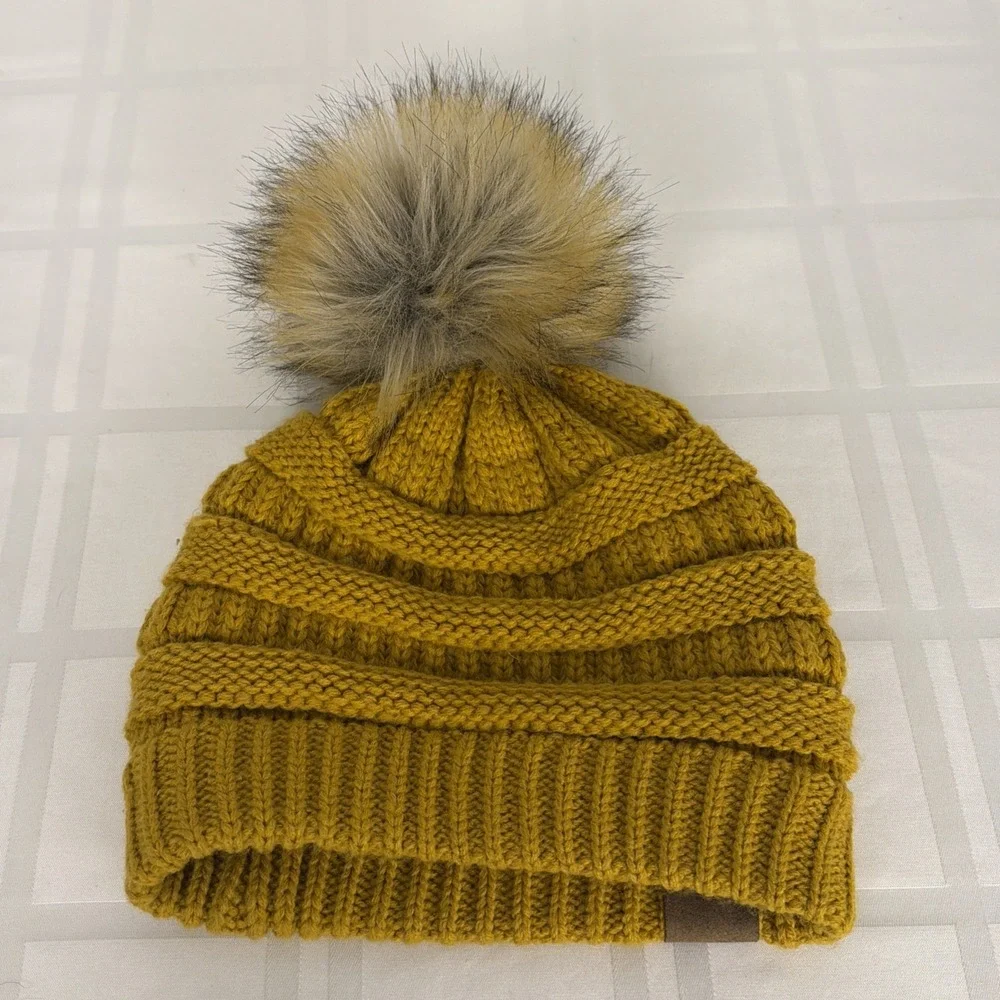 C.C Thick Cable Knit Faux Fuzzy Fur Pom Beanie Cap.